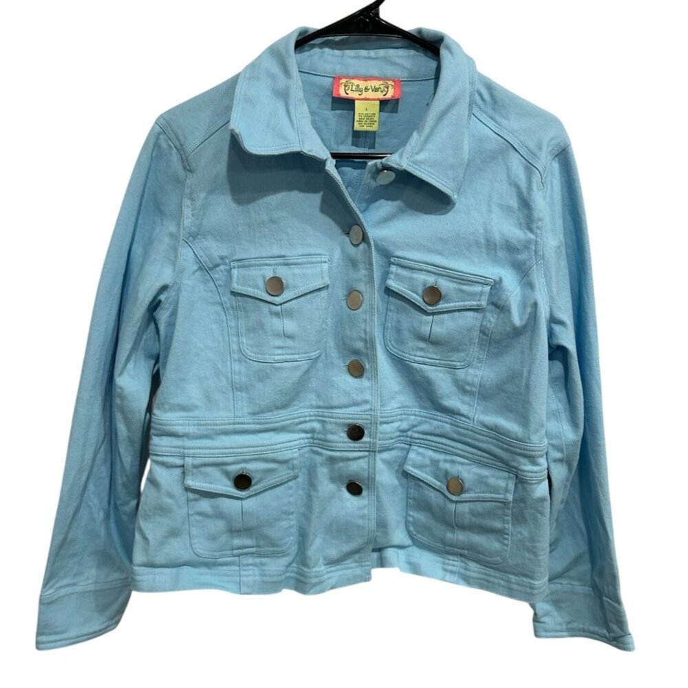 Lilly & Van Light Blue Denim Jacket Womens L Button-Up Front Pockets Casual Styl